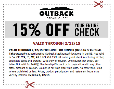 Outback Steakhouse printable coupon - 15% off entire check - February