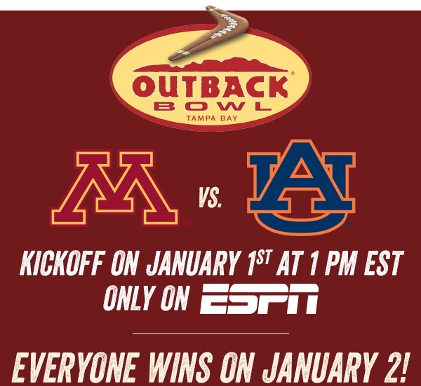 Minnesota vs Auburn in the Outback Bowl - Kickoff on January 1 at 1 PM EST only on ESPN