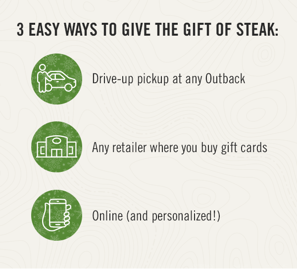 3 easy ways to give the gift of steak: 1. Drive-up pickup at any Outback; 2. Any retailer where you buy gift cards; 3. Online (and personalized!)