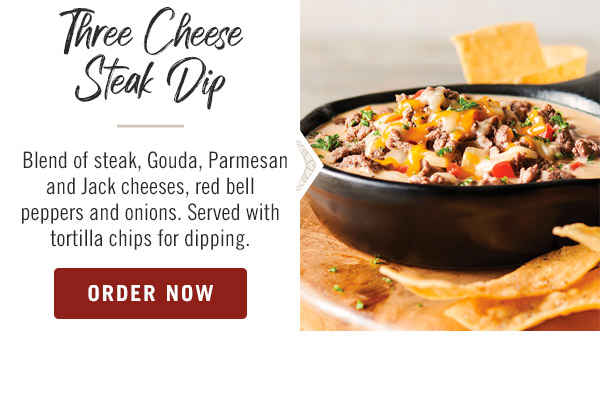 Three Cheese Steak Dip: Blend of steak, Gouda, Parmesan and Jack cheeses, red bell peppers and onions. Served with tortilla chips for dipping. Order now at togo.outbackonlineordering.com.