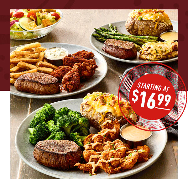 New! Steak 'N Mate Combos starting at $16.99 available for a limited time only.