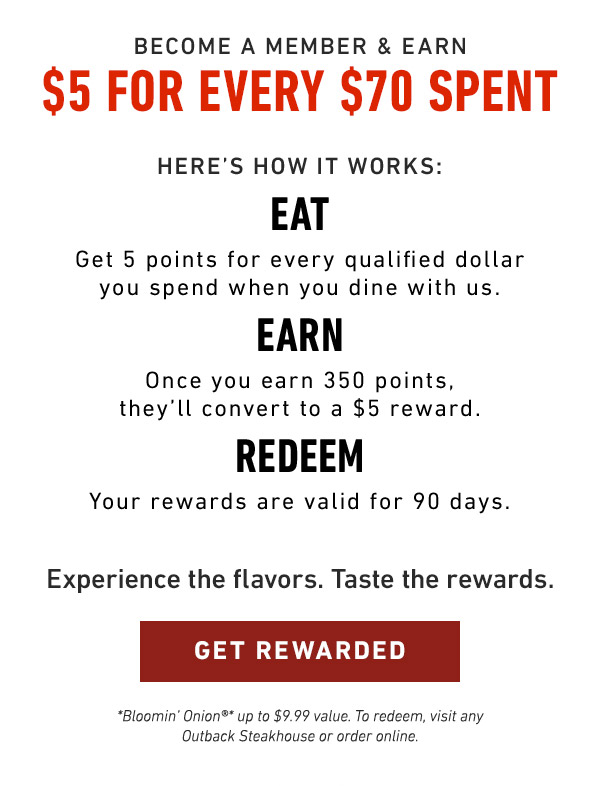 Here's How it works: EAT Get 5 points for every qualified dollar you spend when you dine with us. EARN Once you earn 350 points they'll convert to a $5 reward. REDEEM Your rewards are valid for 90 days. 